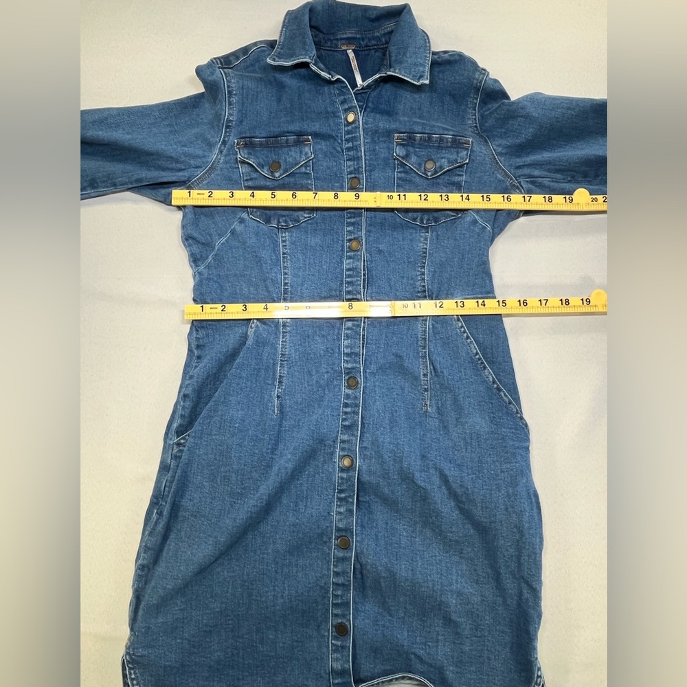 Free People Long Sleeve Snap Front Blue Stretch Mini Denim Dress Tunic Medium - Picture 11 of 12